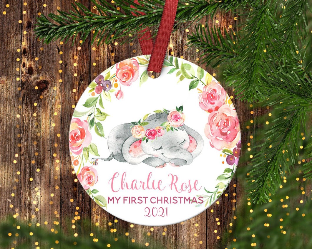 Personalized Christmas Ornament Animal I01-Elephant Floral Pink