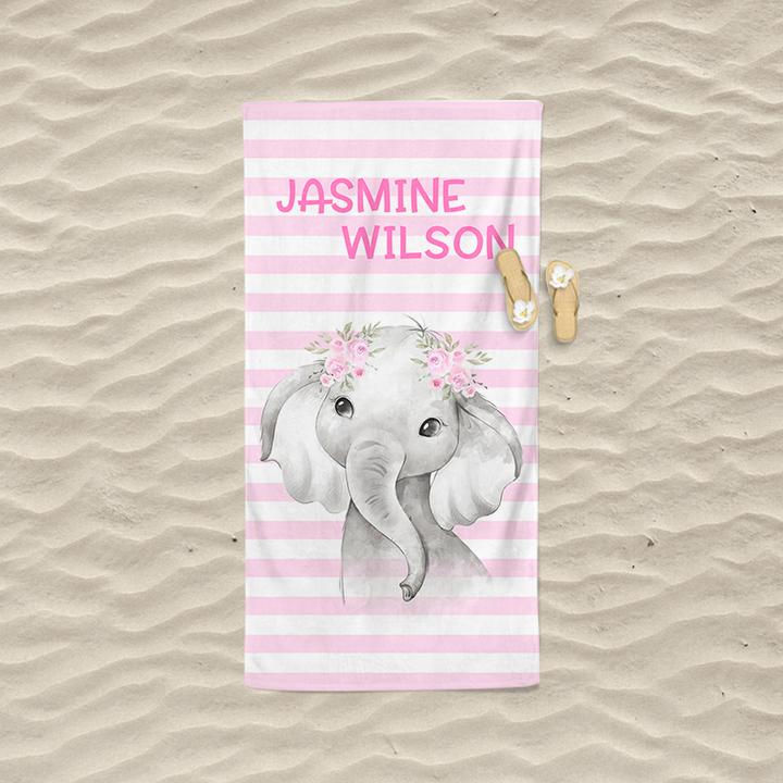 Personalized Kids Beach Towels - Elephant3 Pink