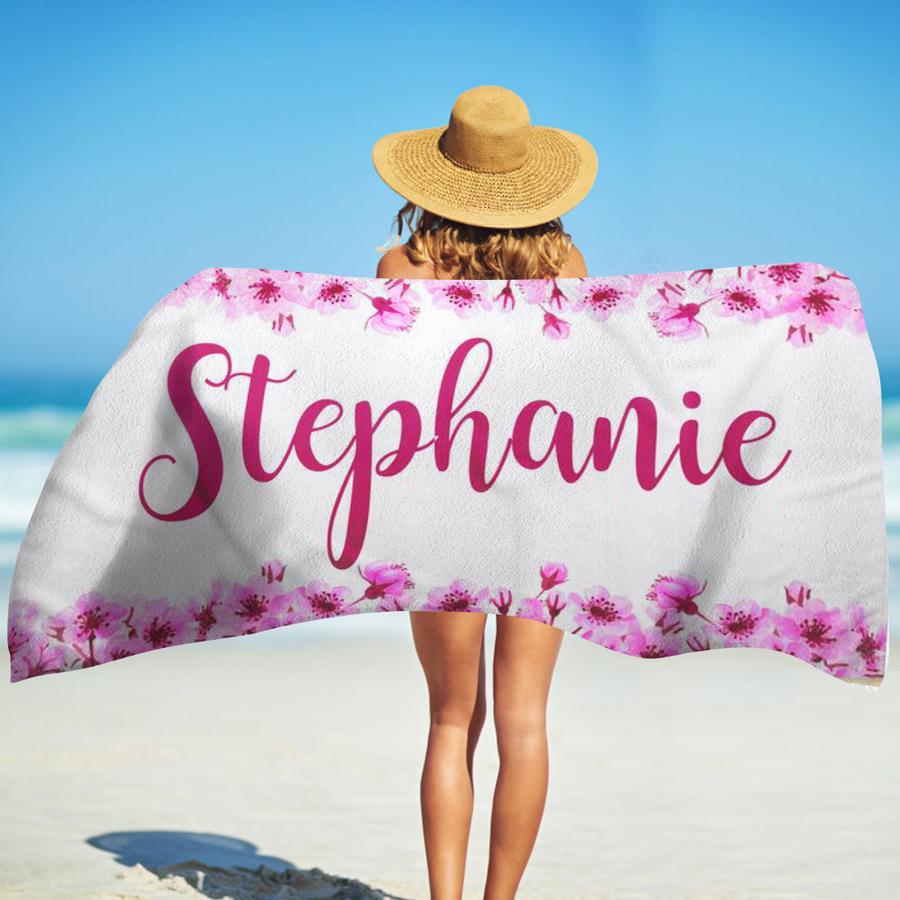 Personalized Beach Towels With Name II09- Floral Pink