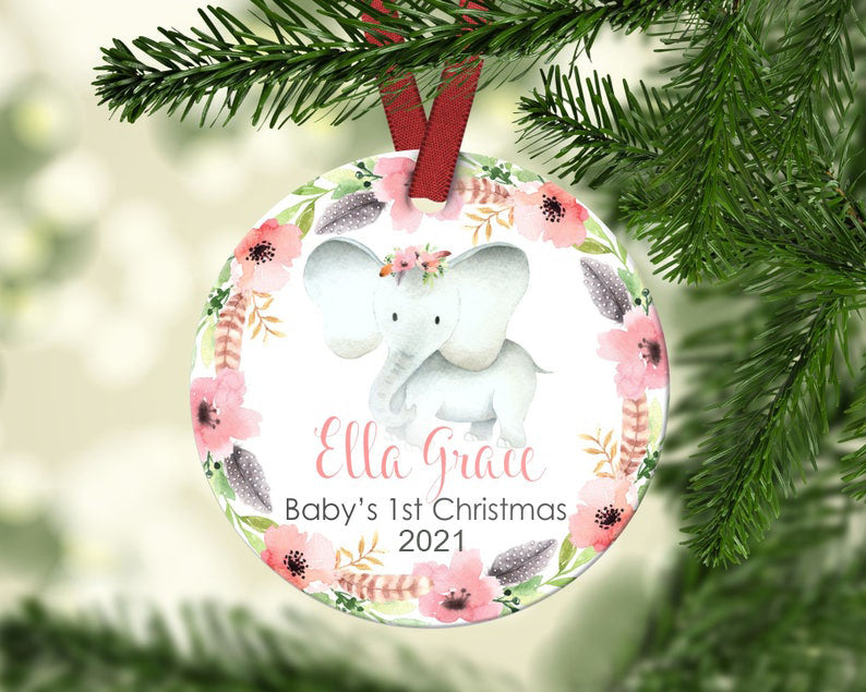 Personalized Christmas Ornament Animal I03-Elephant Circle Pink