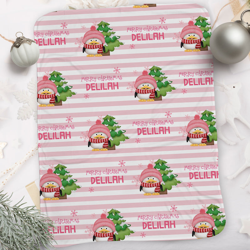 Personalized Christmas Blanket I18-Penguins Pink