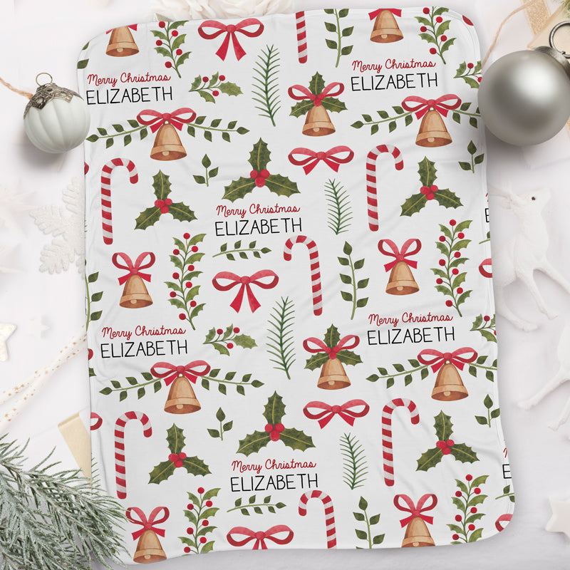 Personalized Christmas Blanket I01-Bells&Candy Canes