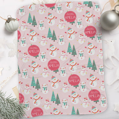 Personalized Christmas Blanket I09-Snowman Invasion Pink