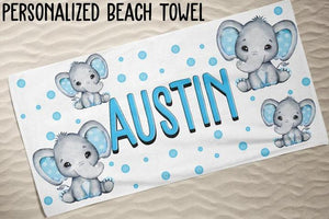 Personalized Kids Beach Towels - Elephant10 Blue