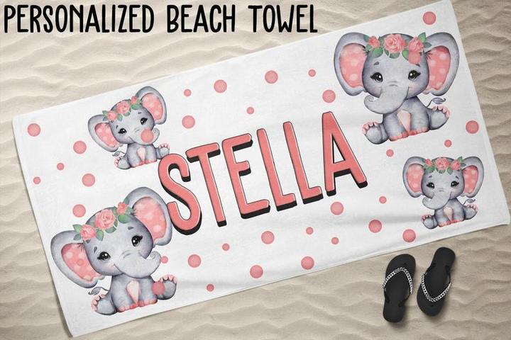Personalized Kids Beach Towels - Elephant11 Pink