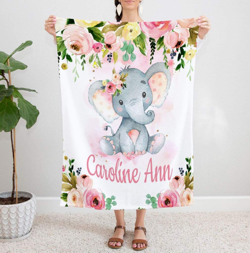 Personalized Name Fleece Elephant Flora Blanket II10