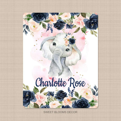 Personalized Name Fleece Elephant Flora Blanket II08