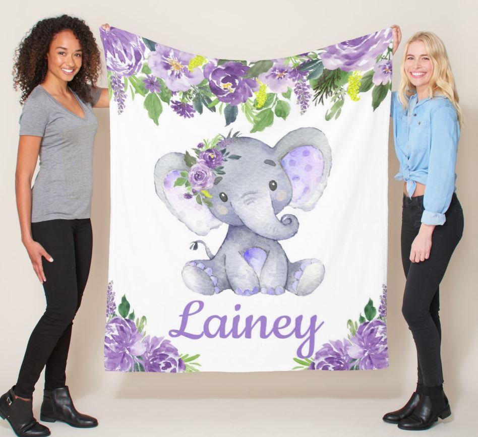 Personalized Name Fleece Elephant Flora Blanket II07