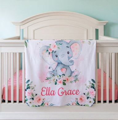 Personalized Name Fleece Elephant Flora Blanket II01