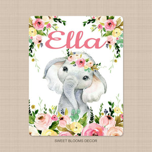 Personalized Name Fleece Elephant Flora Blanket II20