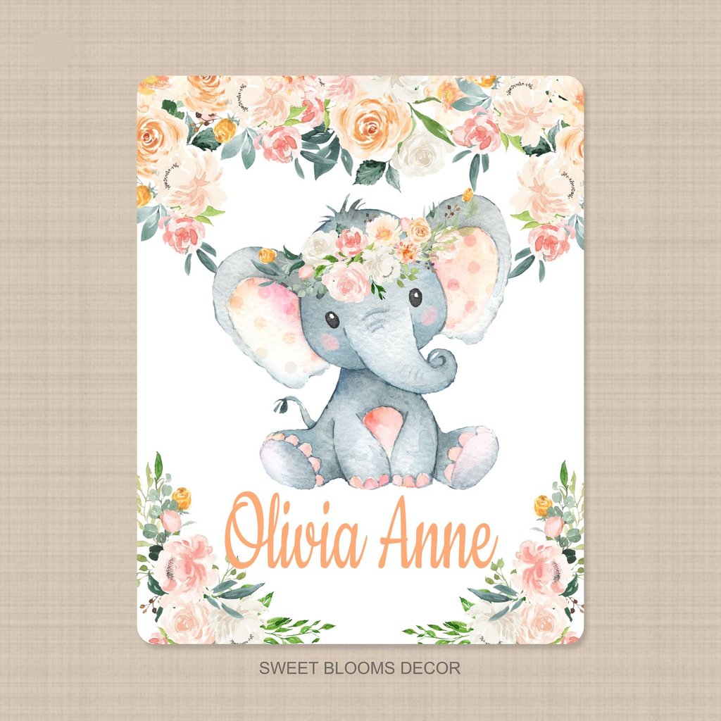 Personalized Name Fleece Elephant Flora Blanket II11