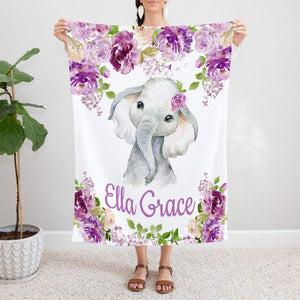 Personalized Name Fleece Elephant Flora Blanket II19
