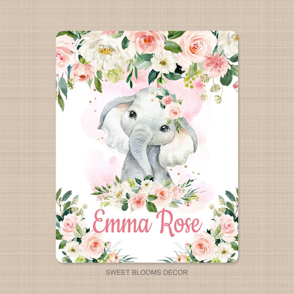 Personalized Name Fleece Elephant Flora Blanket II12