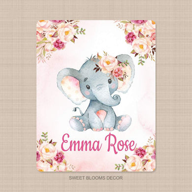 Personalized Name Fleece Elephant Flora Blanket II21