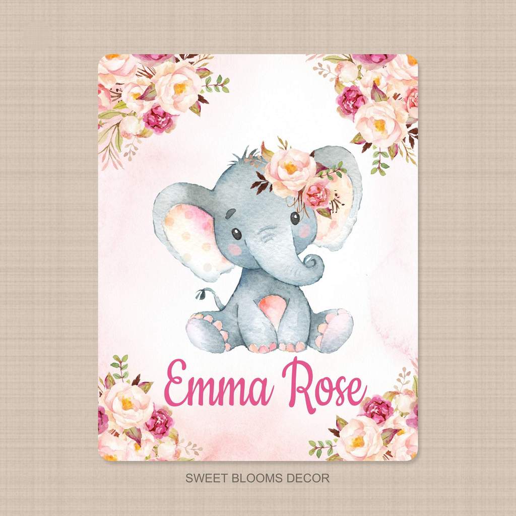 Personalized Name Fleece Elephant Flora Blanket II21