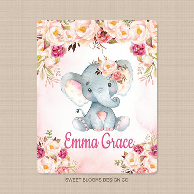 Personalized Name Fleece Elephant Flora Blanket II06