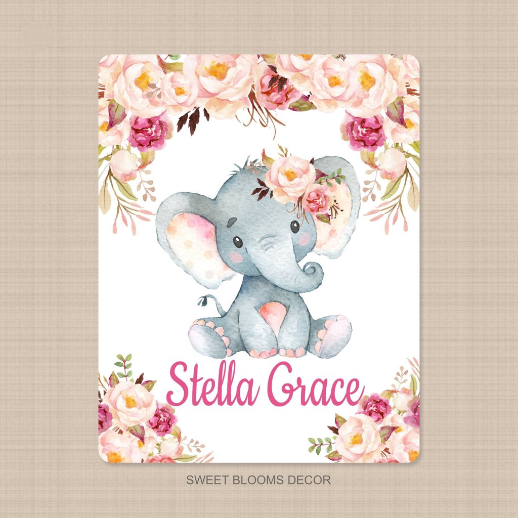 Personalized Name Fleece Elephant Flora Blanket II13