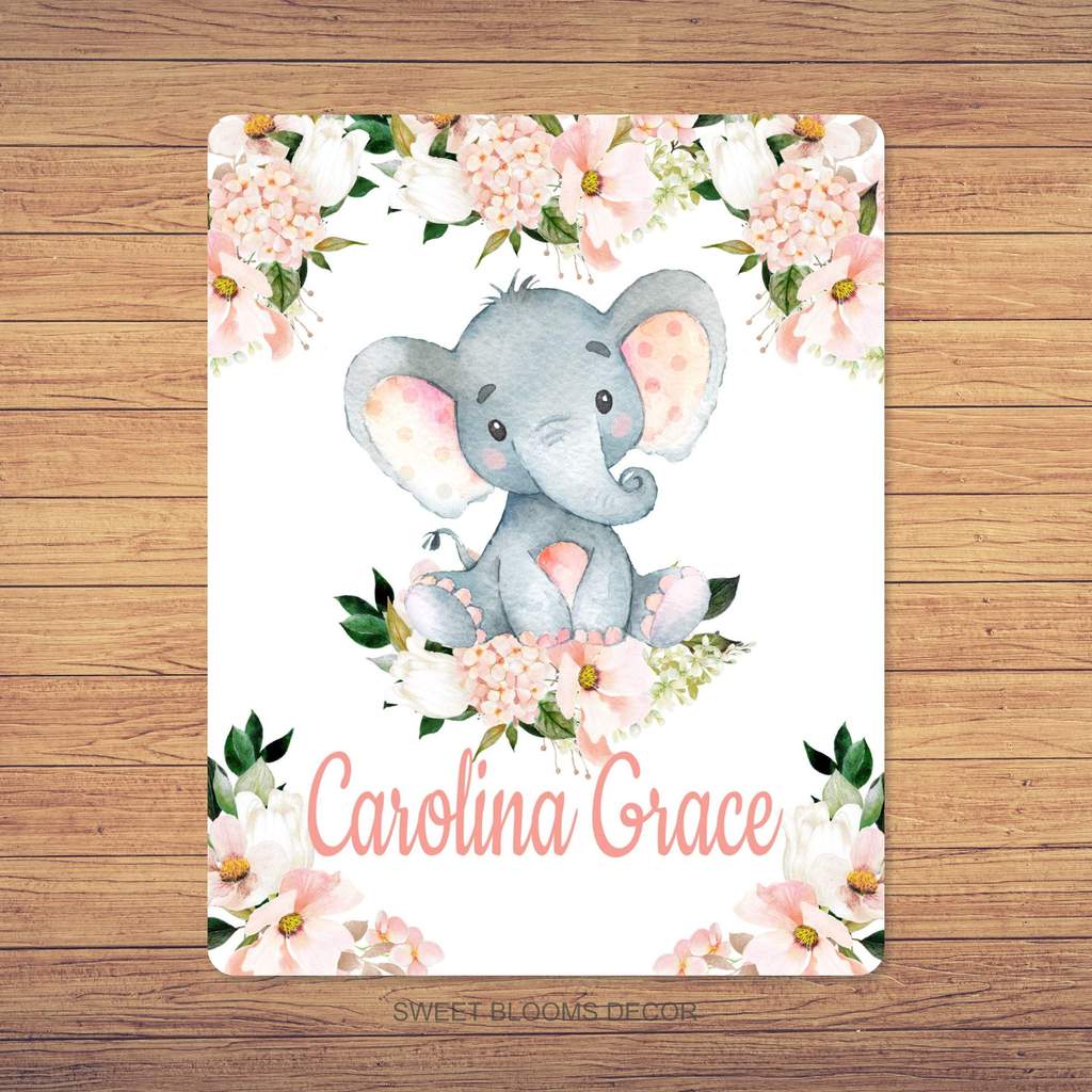 Personalized Name Fleece Elephant Flora Blanket II09
