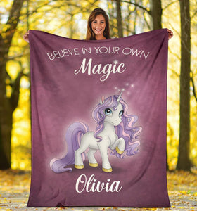 Custom Name Fleece Cartoon Blanket I16 - Unicorn