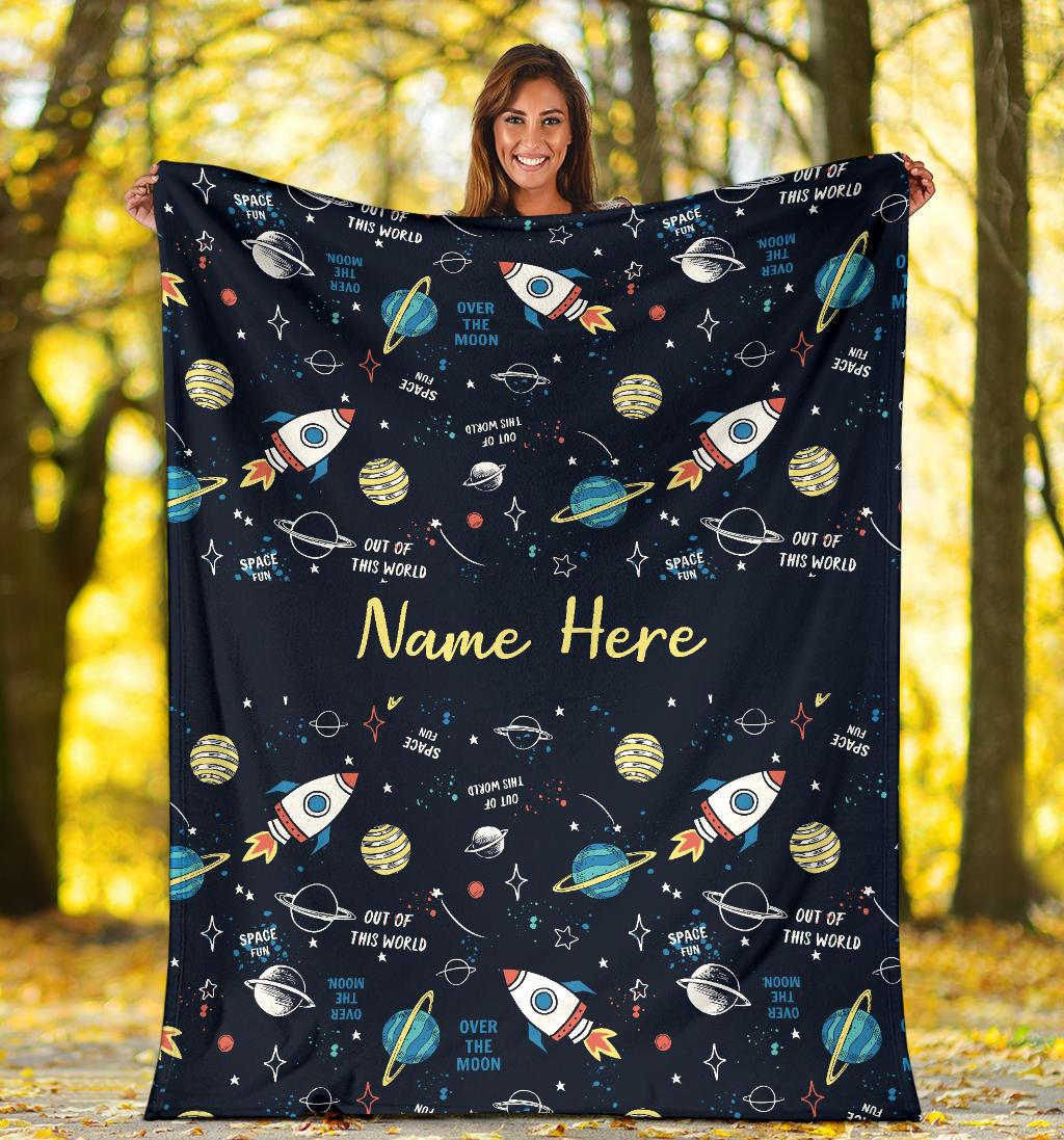 Custom Name Fleece Cartoon Blanket I18 - Space