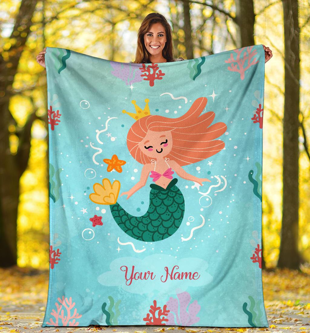 Custom Name Fleece Cartoon Blanket I20 - Mermaid