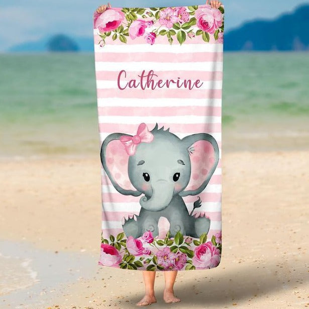 Personalized Kids Beach Towels - Elephant12 Pink