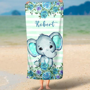 Personalized Kids Beach Towels - Elephant13 Blue