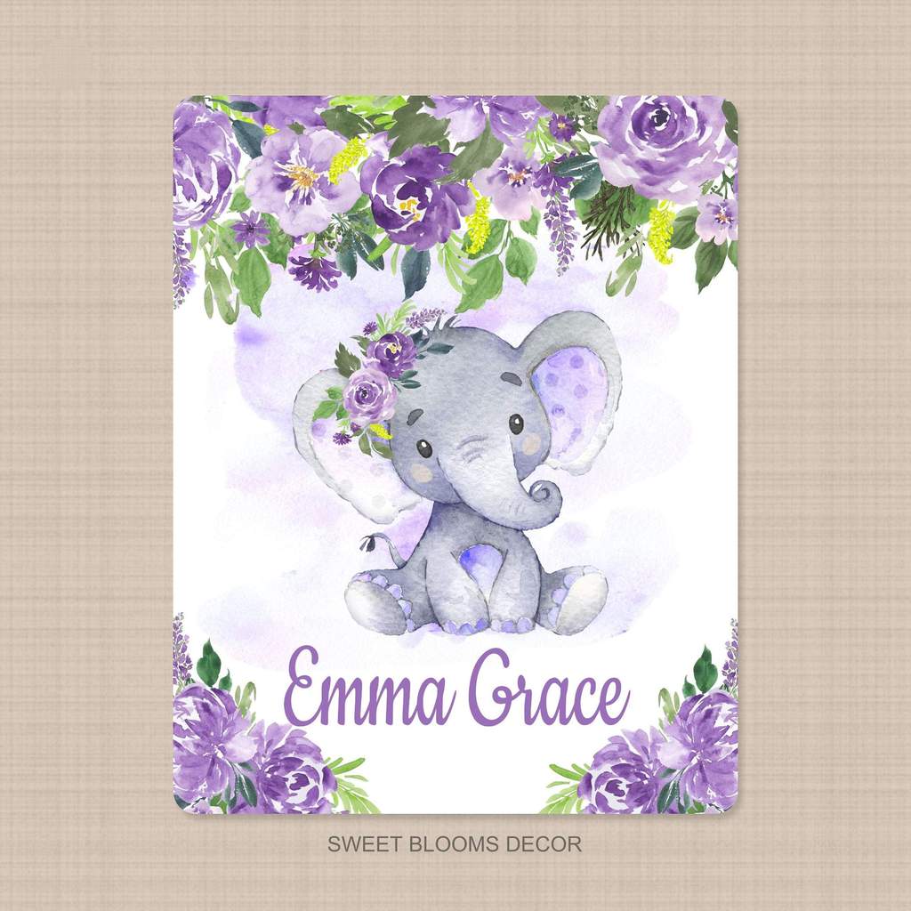 Personalized Name Fleece Elephant Flora Blanket II04