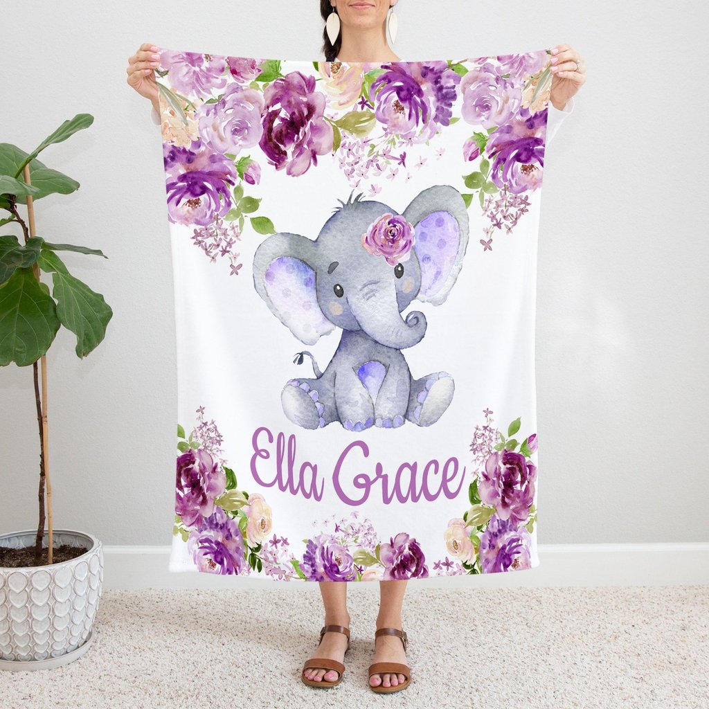 Personalized Name Fleece Elephant Flora Blanket II05